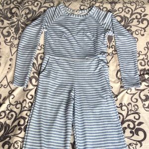 Blue and white striped romper with pockets